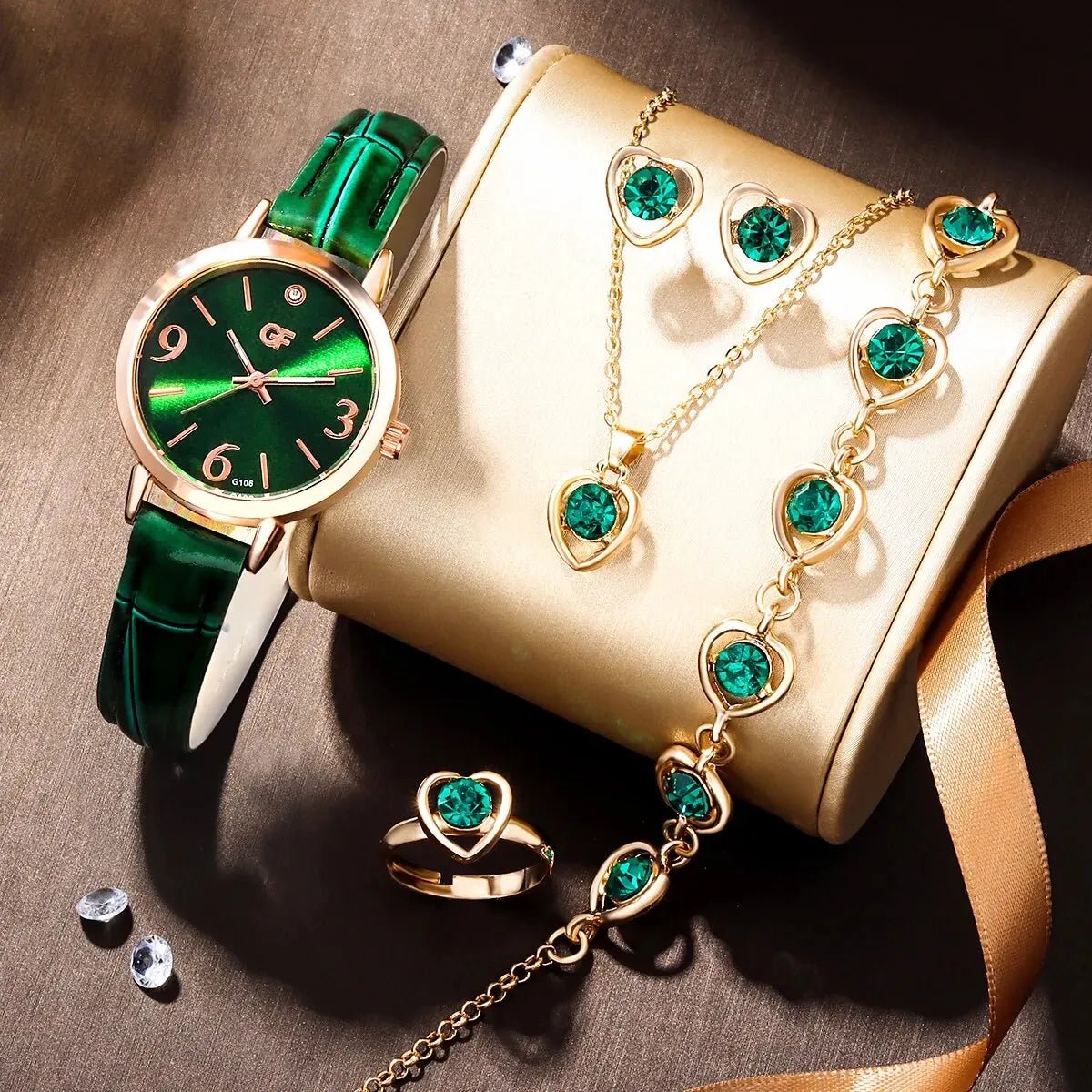 6 PCS New Lxury Love Rhinestone Jewelry Ladies Ring Necklace Earrings Bracelet Set Simple Digital Leather Strap Quartz Watch - UNAKIT
