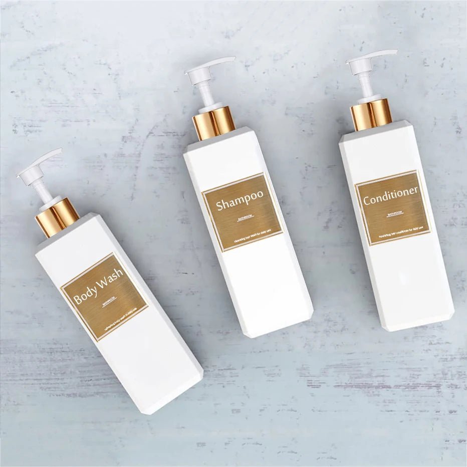 500ml/16.9oz Shampoo Dispenser Press Pump Bottle with Gold Waterproof Labels Bathroom Shampoo Conditioner Body Wash Bottles - UNAKIT
