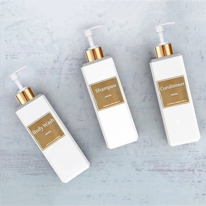 500ml/16.9oz Shampoo Dispenser Press Pump Bottle with Gold Waterproof Labels Bathroom Shampoo Conditioner Body Wash Bottles - UNAKIT