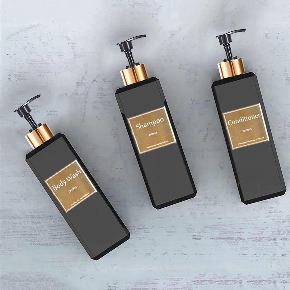500ml/16.9oz Shampoo Dispenser Press Pump Bottle with Gold Waterproof Labels Bathroom Shampoo Conditioner Body Wash Bottles - UNAKIT